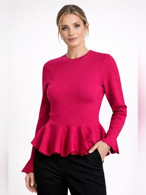 Ted Baker London Hot Pink Peplum Sweater Size 1 XS Small Fitted Knit Ruffle Hem